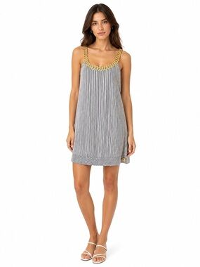 Julie Haus Silk Shift Dress Blue White Gold Chain Women’s Size XS Nautical